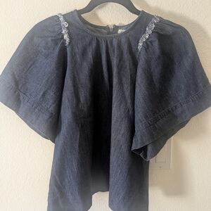 Rachel Roy Chambray Denim Flutter Sleeve Blouse Medium Frayed Shoulder Detail